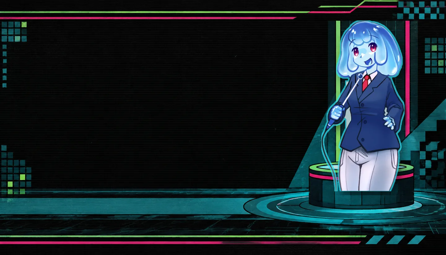 The Choicer Voicer blue rabbit host presenting on a neon game-show stage